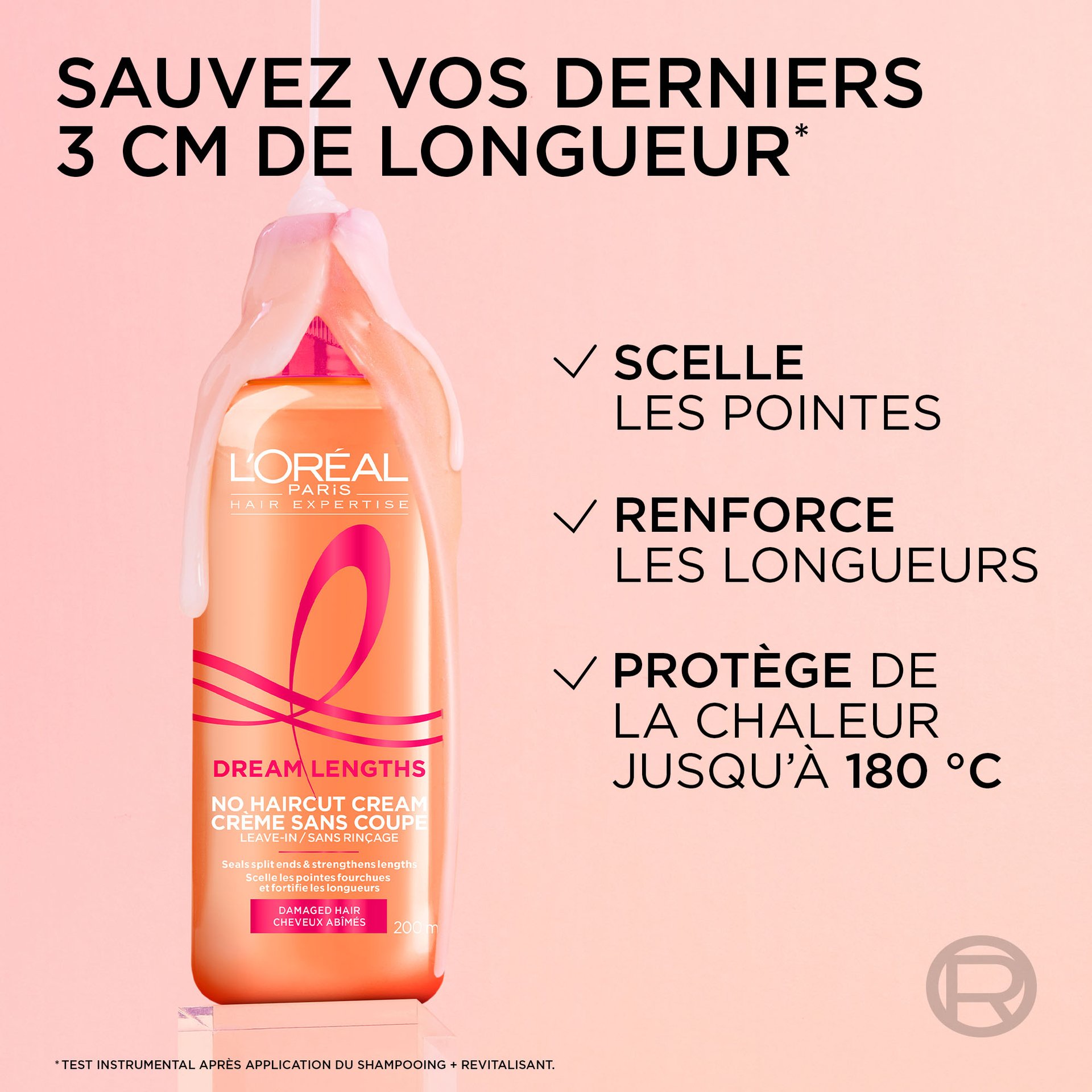 Sauvez les 3 derniers cm avec la crème sans coupe pour sceller les points, renforcer les longueurs et protèger de la chaleur.